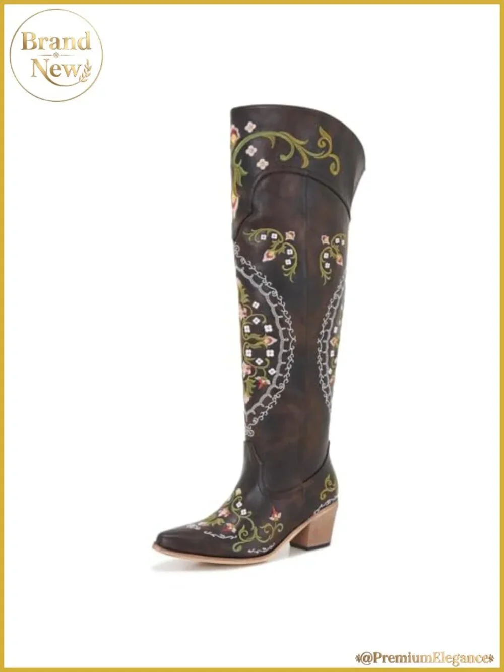 Women's Faux Leather Over-the-Knee Western Boots with Floral Embroidered Tall